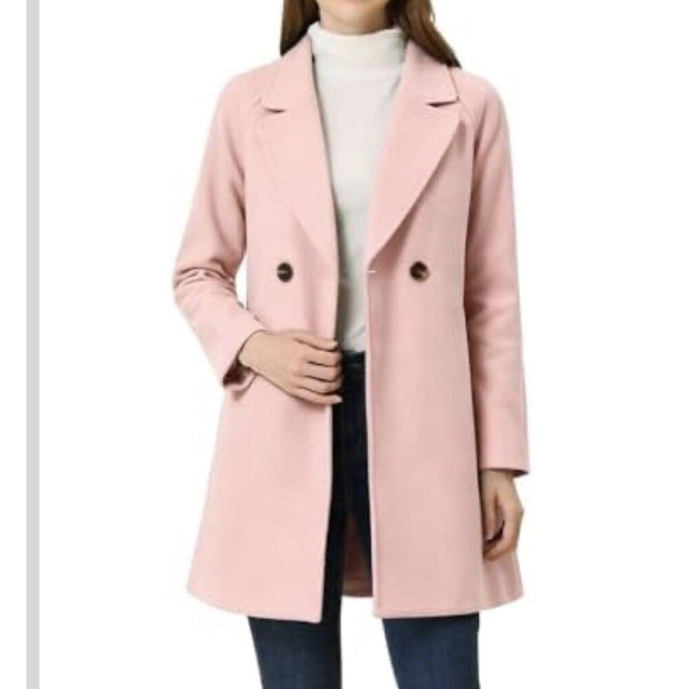 Allegra K Women's Double Breasted Notched Lapel Raglan Winter Overcoat Pink S/M
